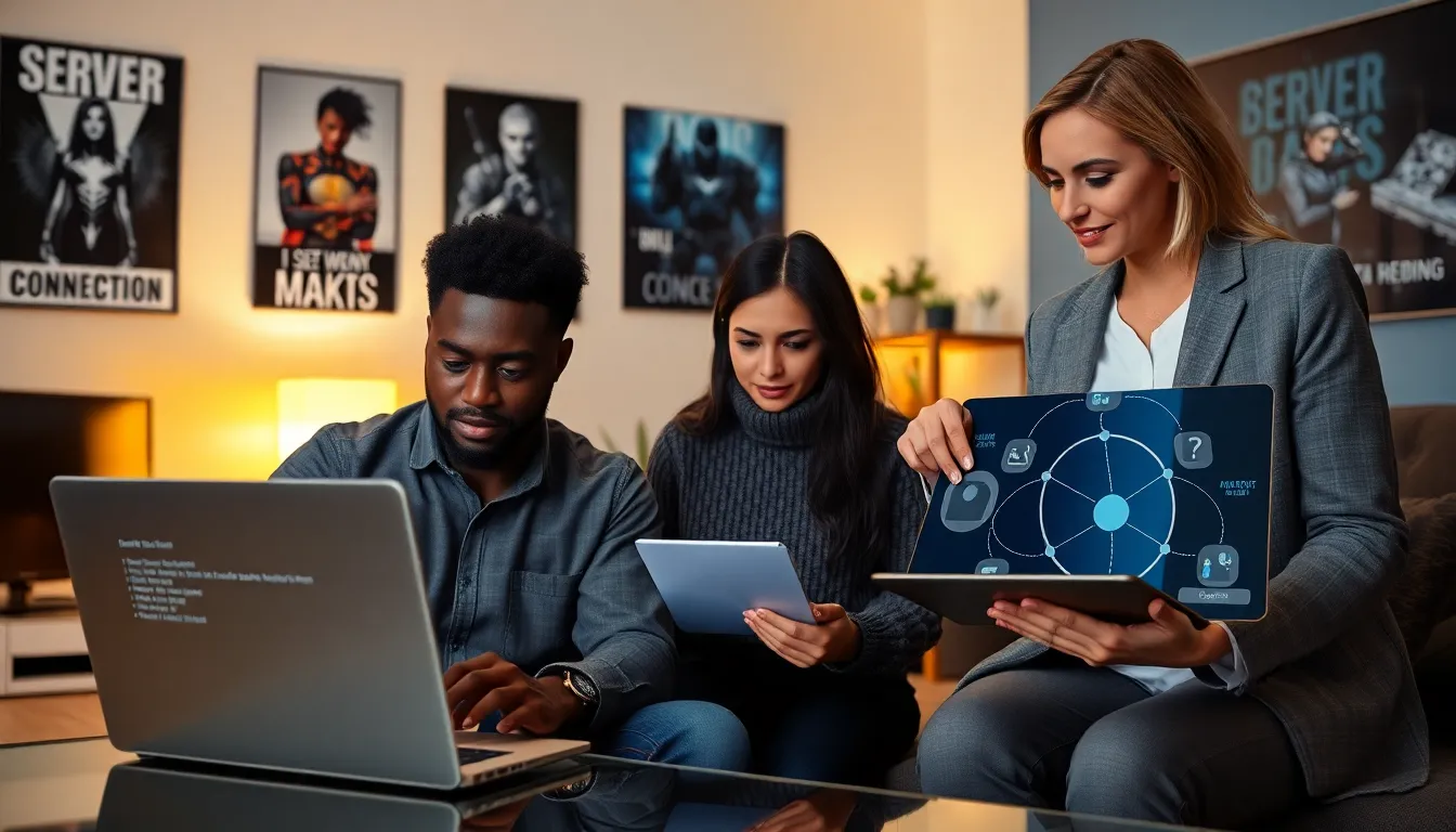 team troubleshooting server connection issues in a modern home office.