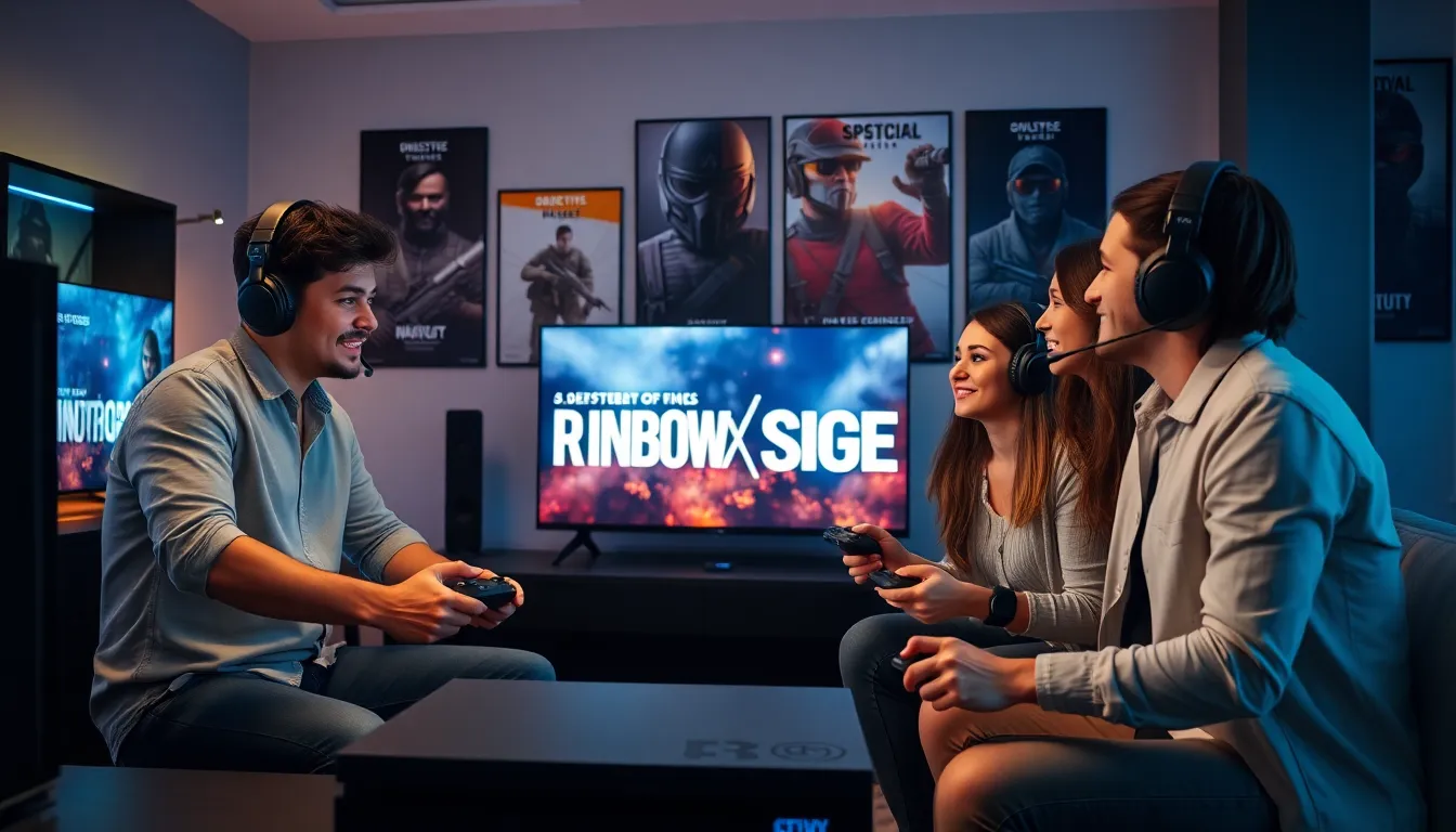 diverse gamers enjoying Rainbow Six Siege in a modern gaming setup.