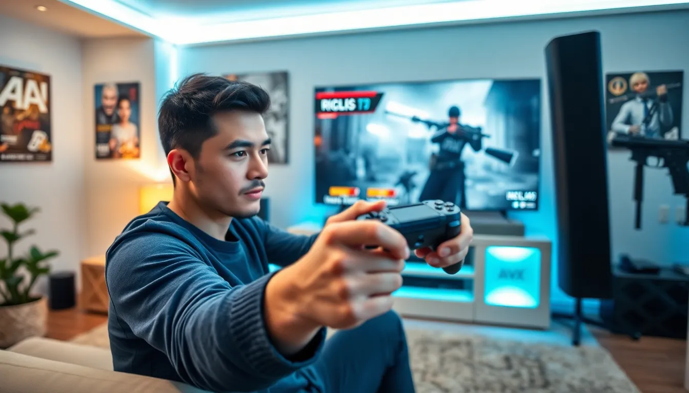 gamer aiming at a video game screen in a modern living room.