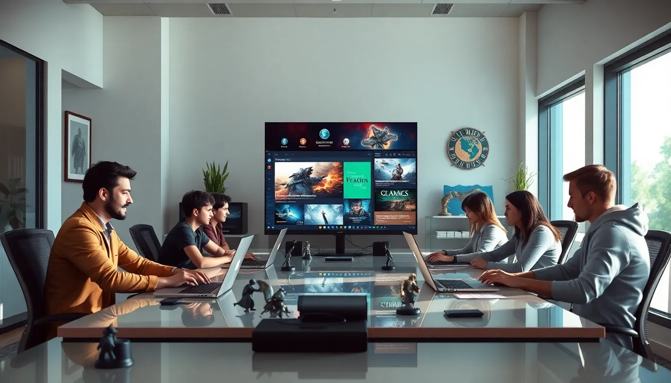 diverse gamers discussing Guild Wars 2 patch notes in a modern office.