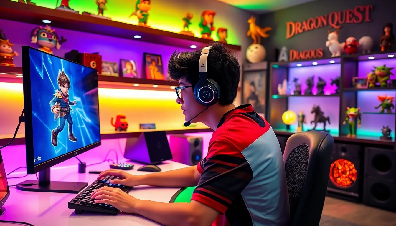 gamer playing Super Smash Bros Ultimate featuring Hero character.