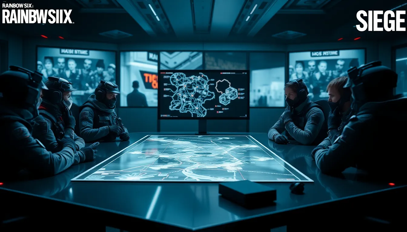 gamers strategizing in a modern command center for Rainbow Six Siege.