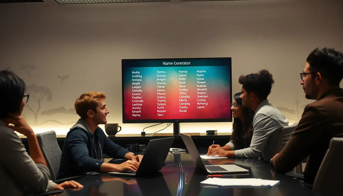 group of gamers brainstorming character names in a modern office.