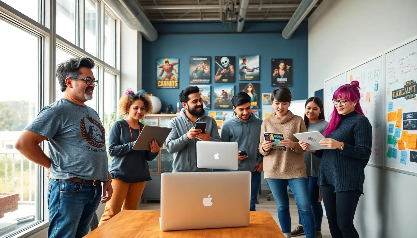 A diverse team of gamers collaborating in a modern office.