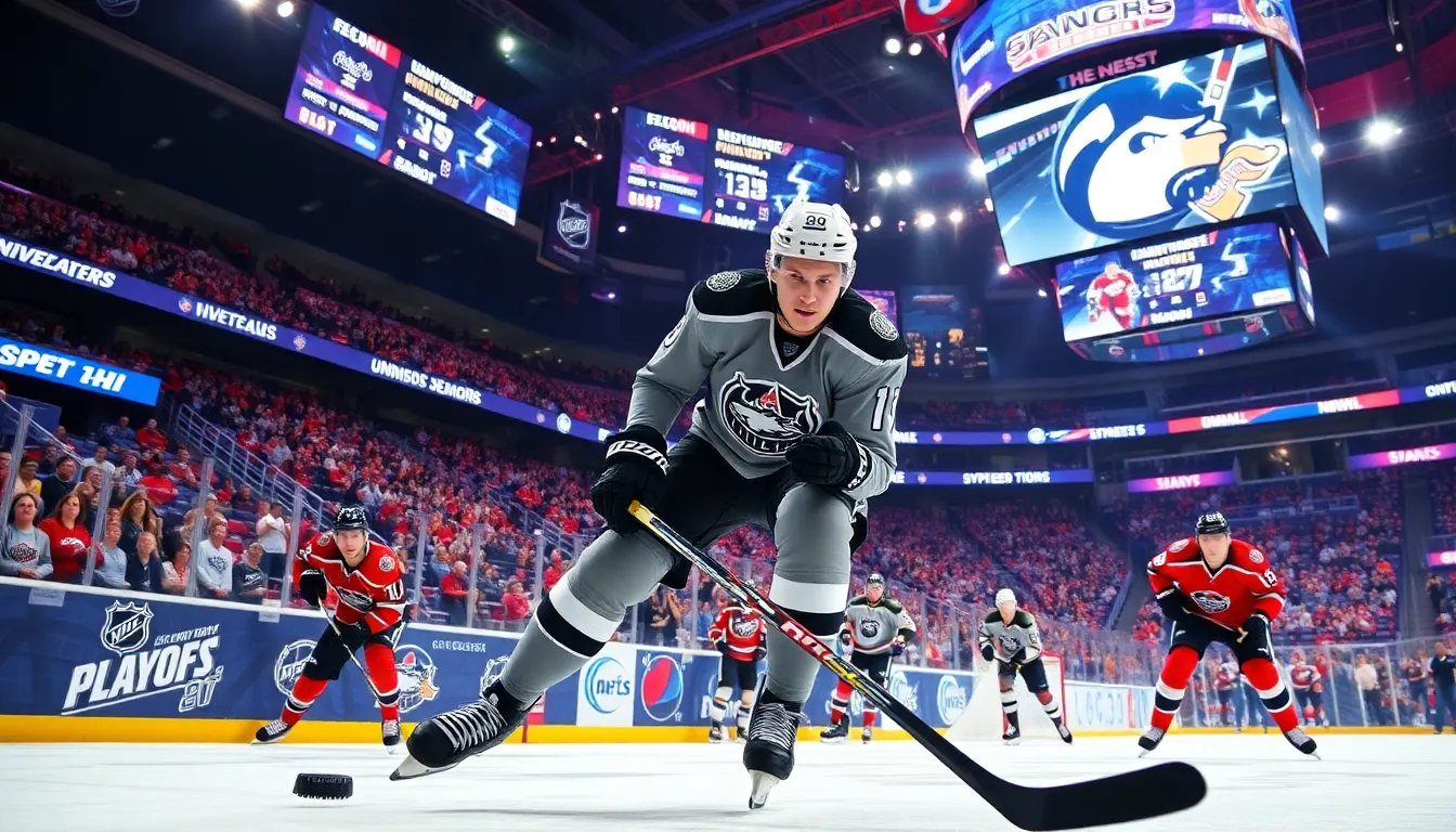 hockey players competing in an exciting game atmosphere.