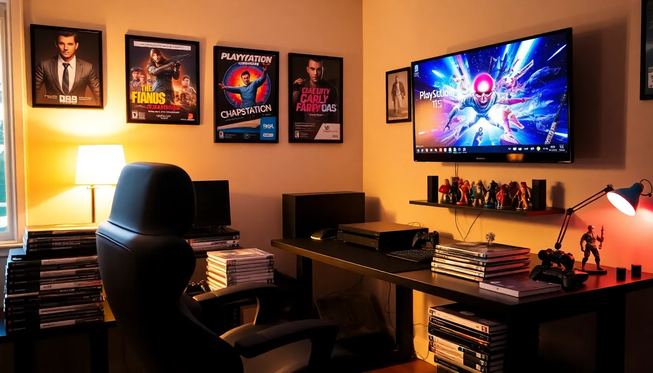 a cozy gaming setup with PlayStation games and collectibles in a home office.