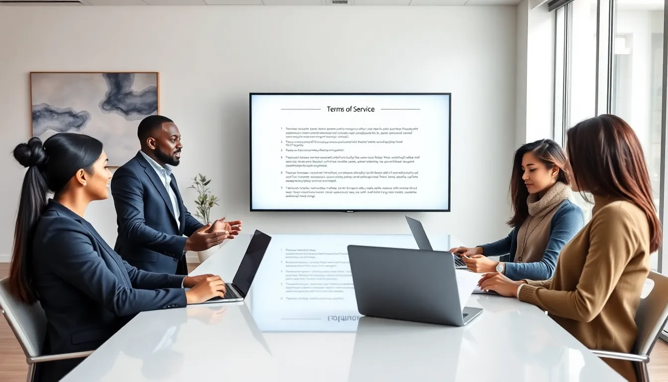 diverse team discussing terms of service in a modern office.