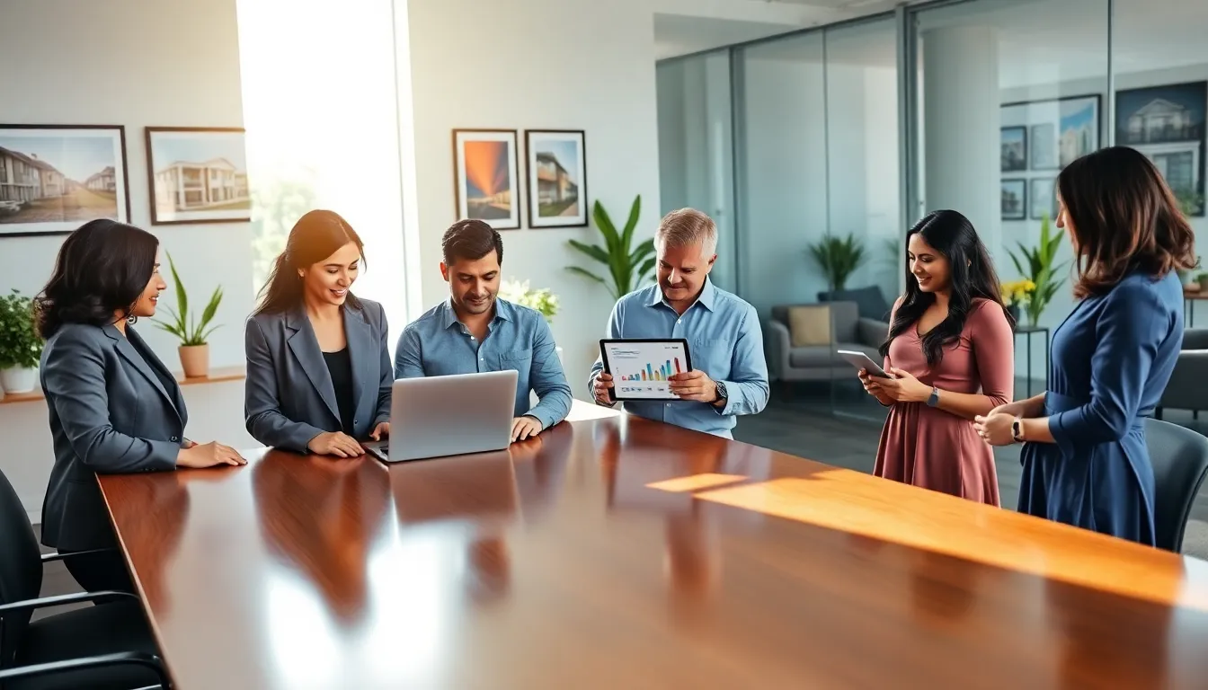 a diverse team discussing real estate in a modern office space.