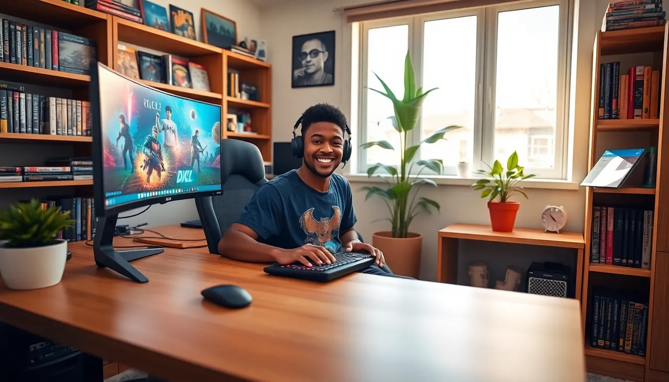 A young Black gamer working in a modern home office.