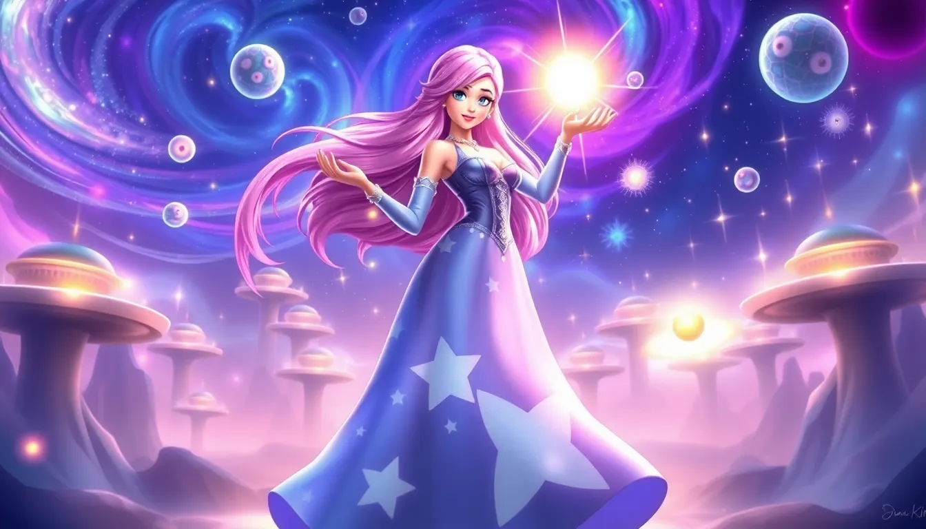 Rosalina in a cosmic battlefield casting gravitational magic with her Luma companion.