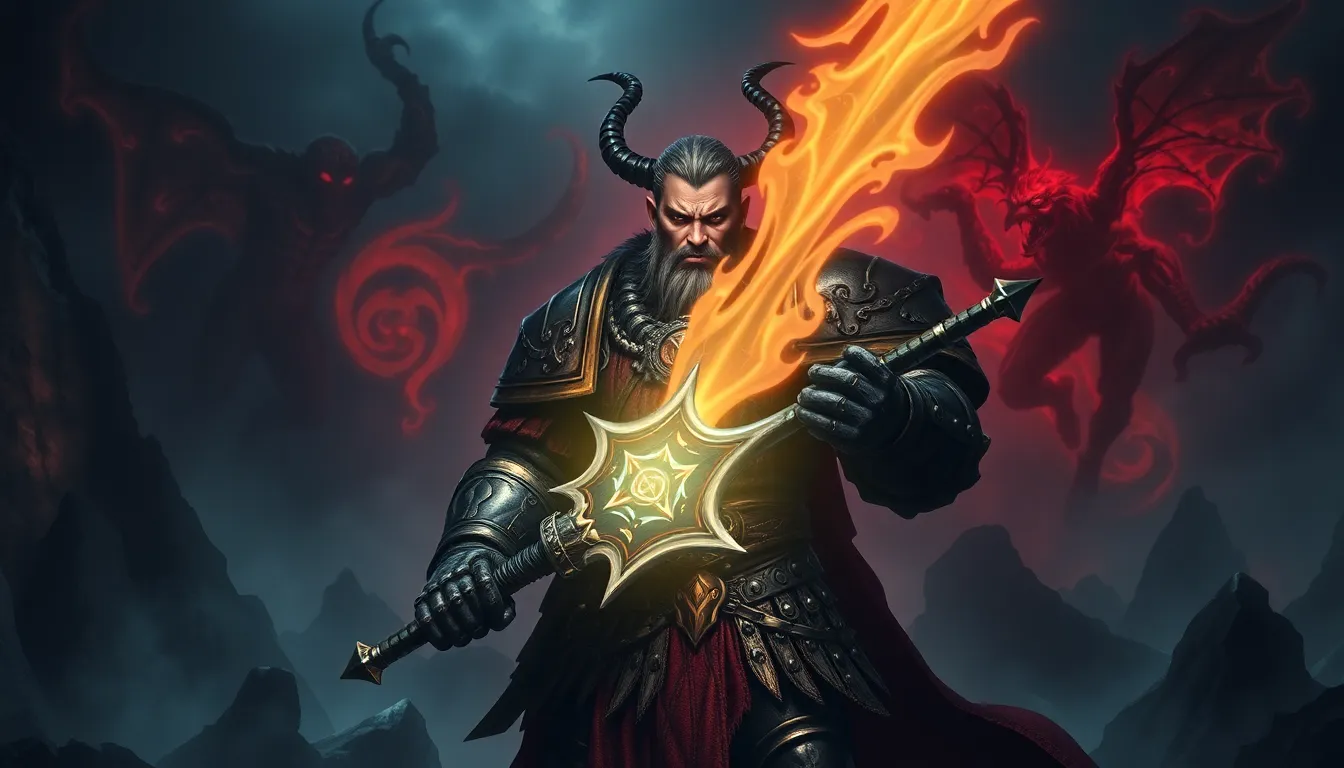A Daemonhunter confronting Chaos daemons in a dark landscape.