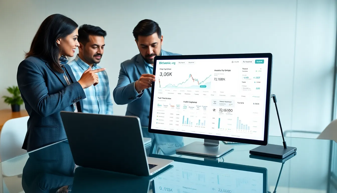 professionals discussing cryptocurrency on digital devices in a modern office.