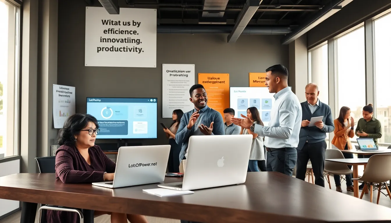 professionals collaborating in a modern office showcasing digital productivity tools.