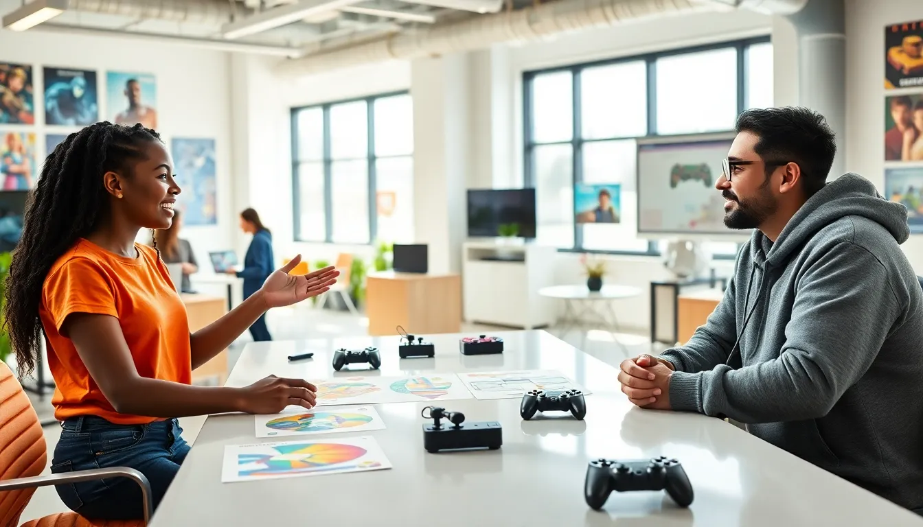a diverse team collaborating on game design in a modern office.