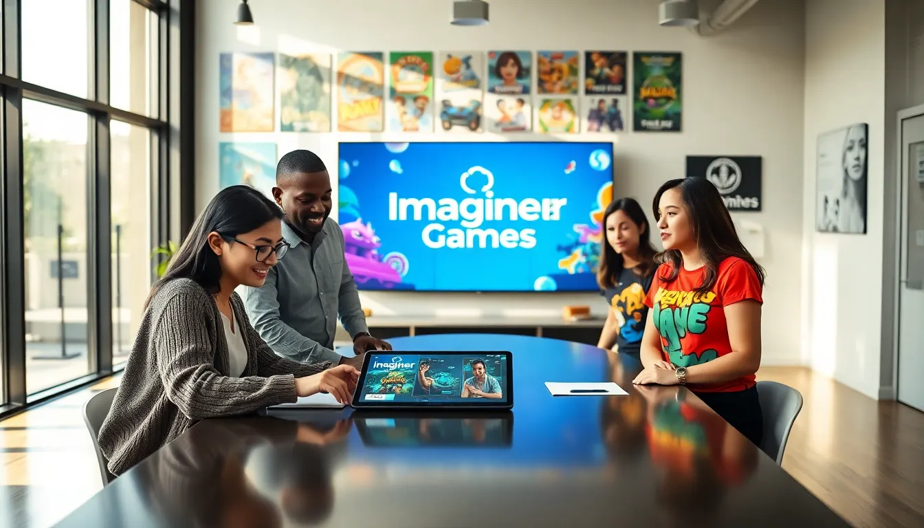 diverse team collaborating in a modern gaming office