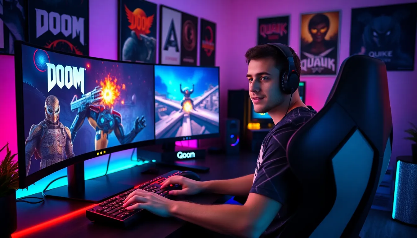 a gamer immersed in gameplay in a modern gaming setup with LED lights.