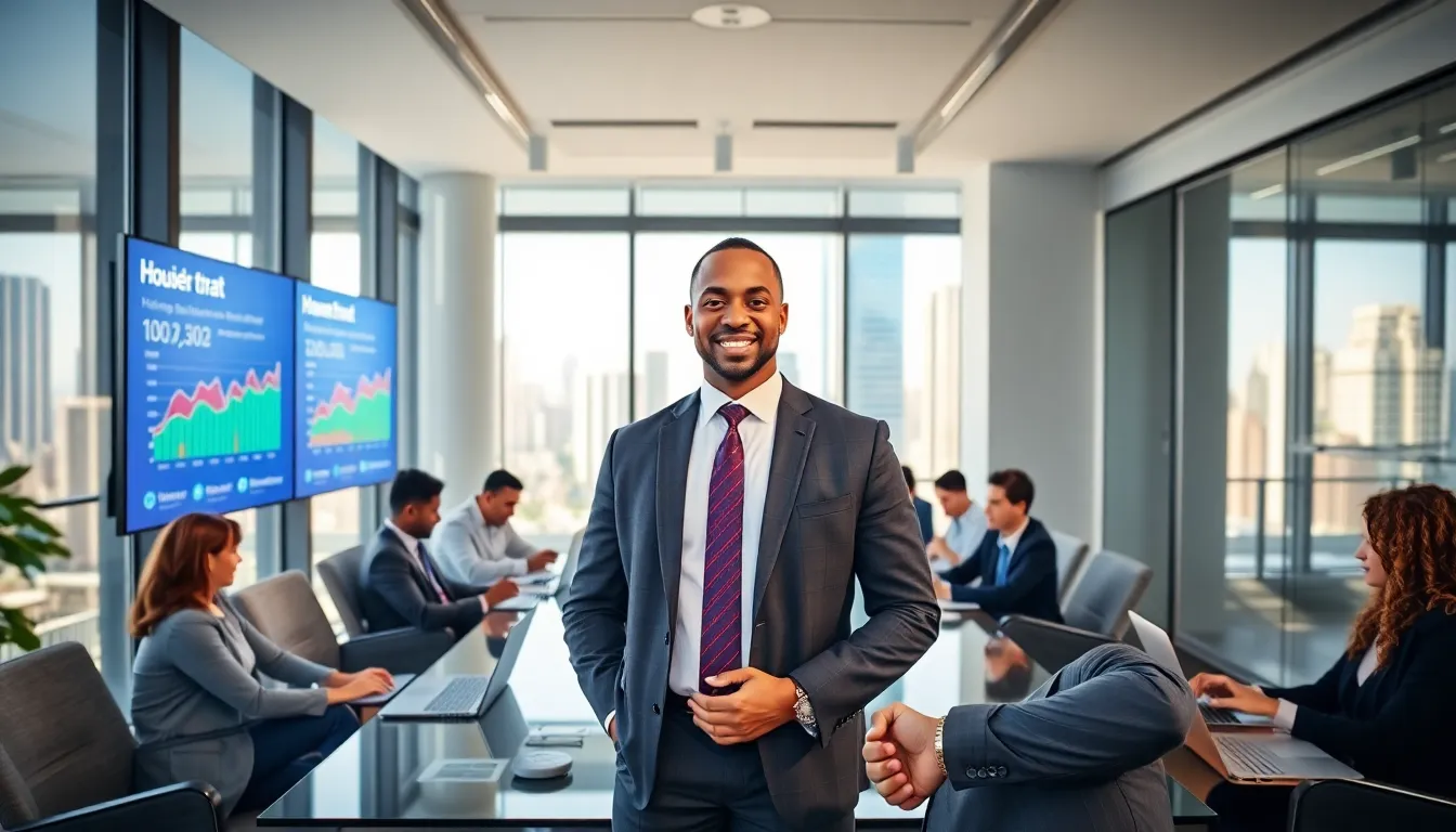 Timothy Williams in a modern office with a team discussing real estate.