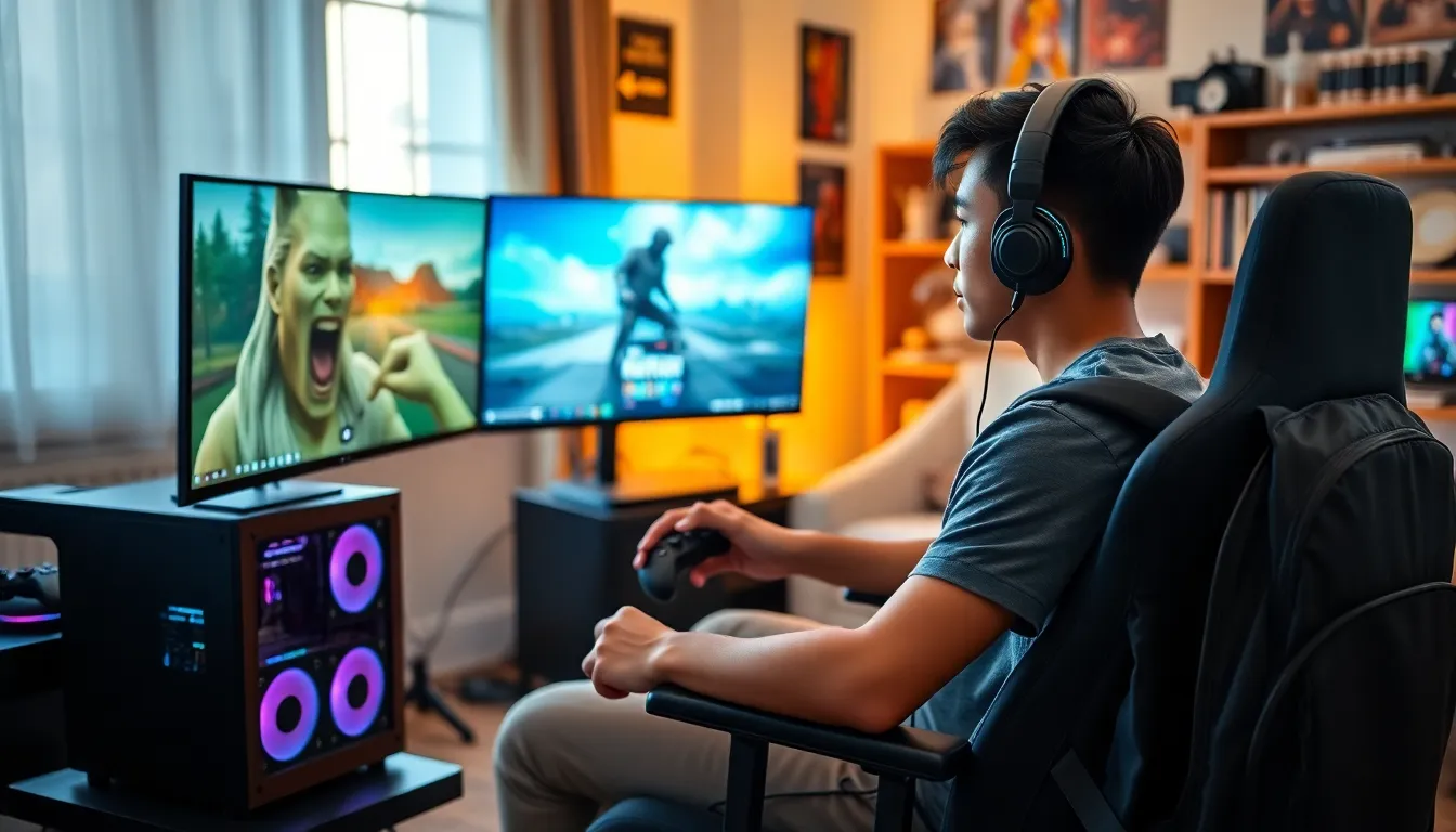 A young man gaming with a portable gaming PC in a cozy living room.