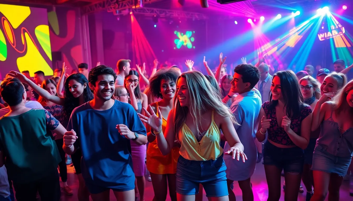 diverse group dancing in a vibrant nightclub atmosphere.