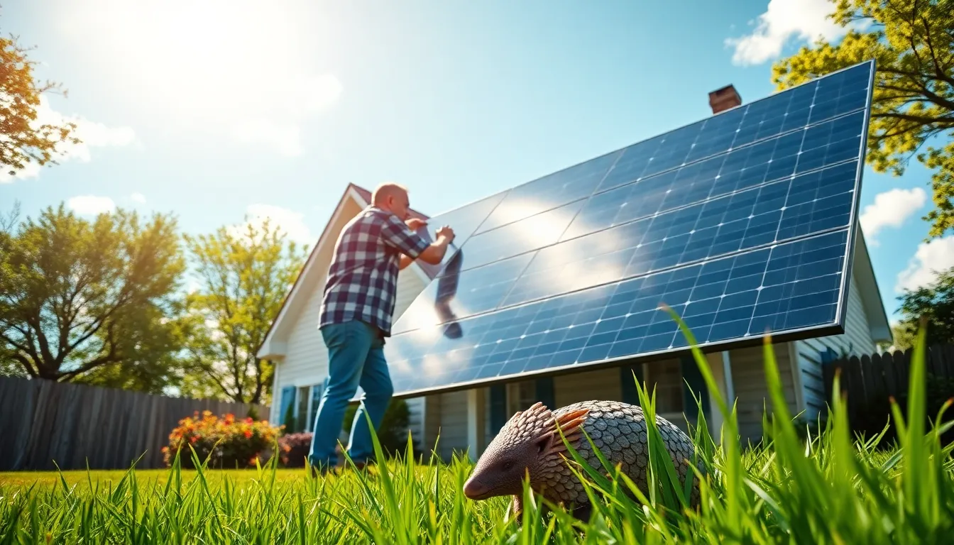 A man installing solar panels on a home with a pangolin watching nearby.