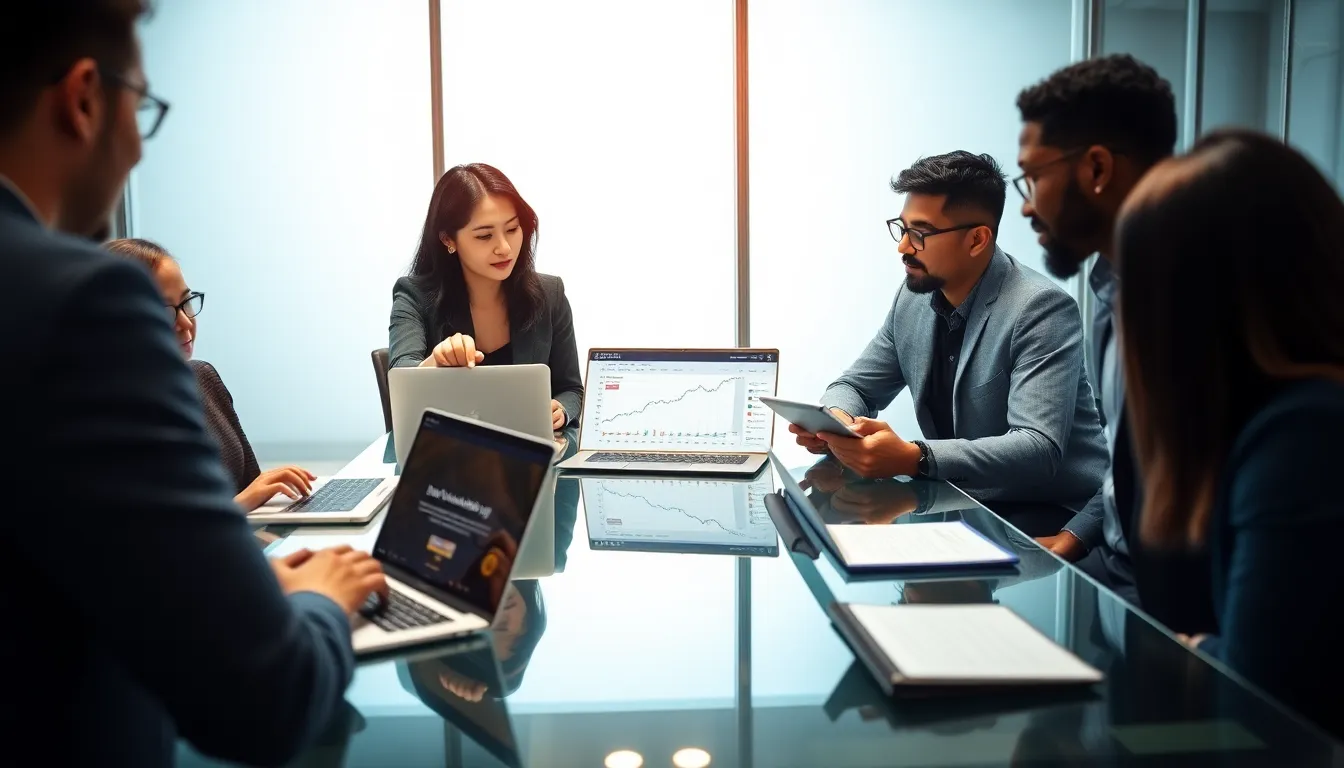 diverse team collaborating on cryptocurrency strategies in a modern office.