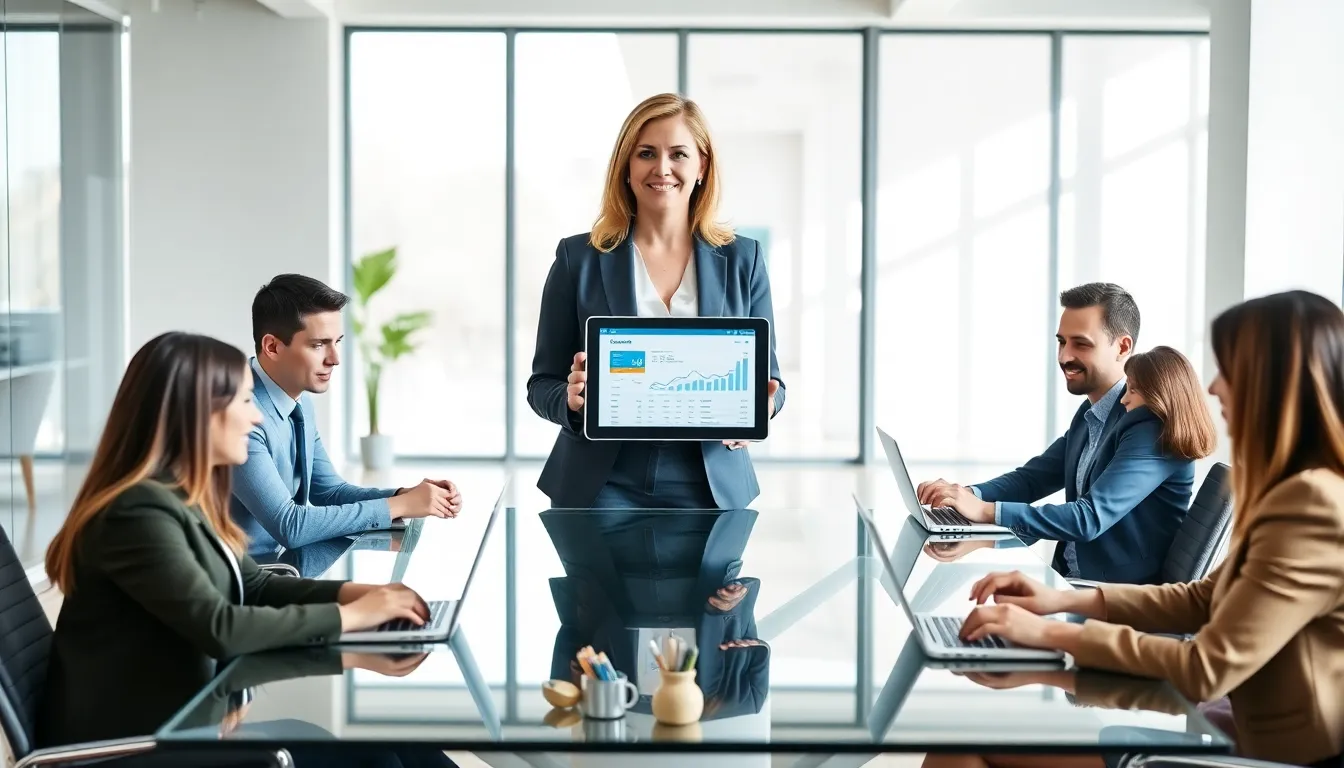 Stacy Klinger leading a diverse team in a modern office.