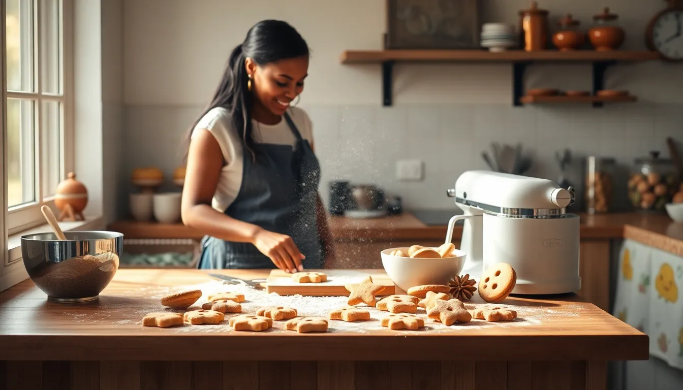 baker preparing cookies in a cozy, well-lit kitchen.