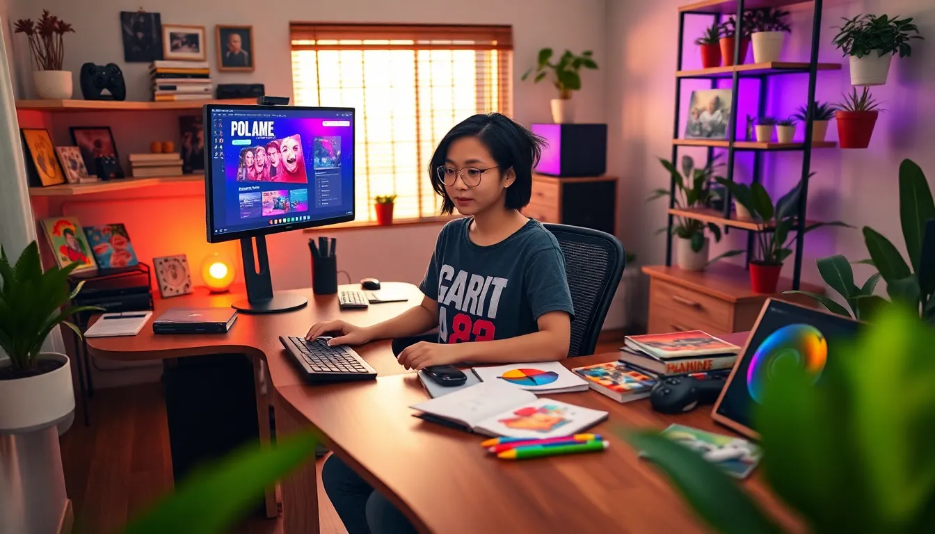 a young woman designing games in a creative workspace with colorful art supplies.