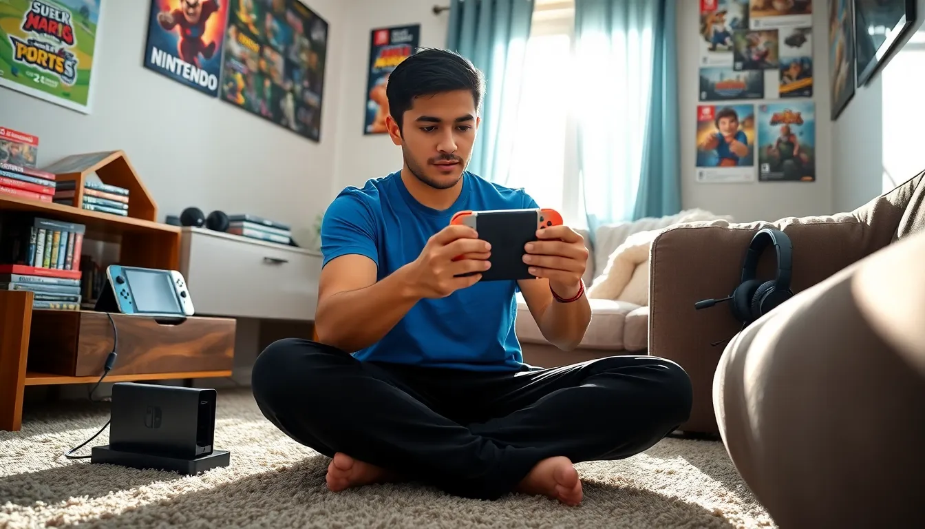 A gamer playing on a Nintendo Switch in a cozy gaming nook.