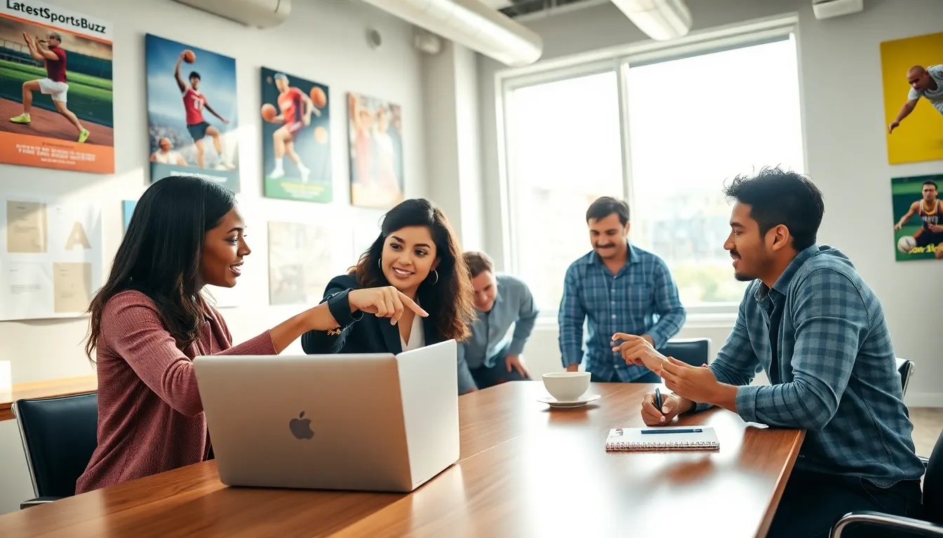 a diverse team collaborating in an office on sports-related content.