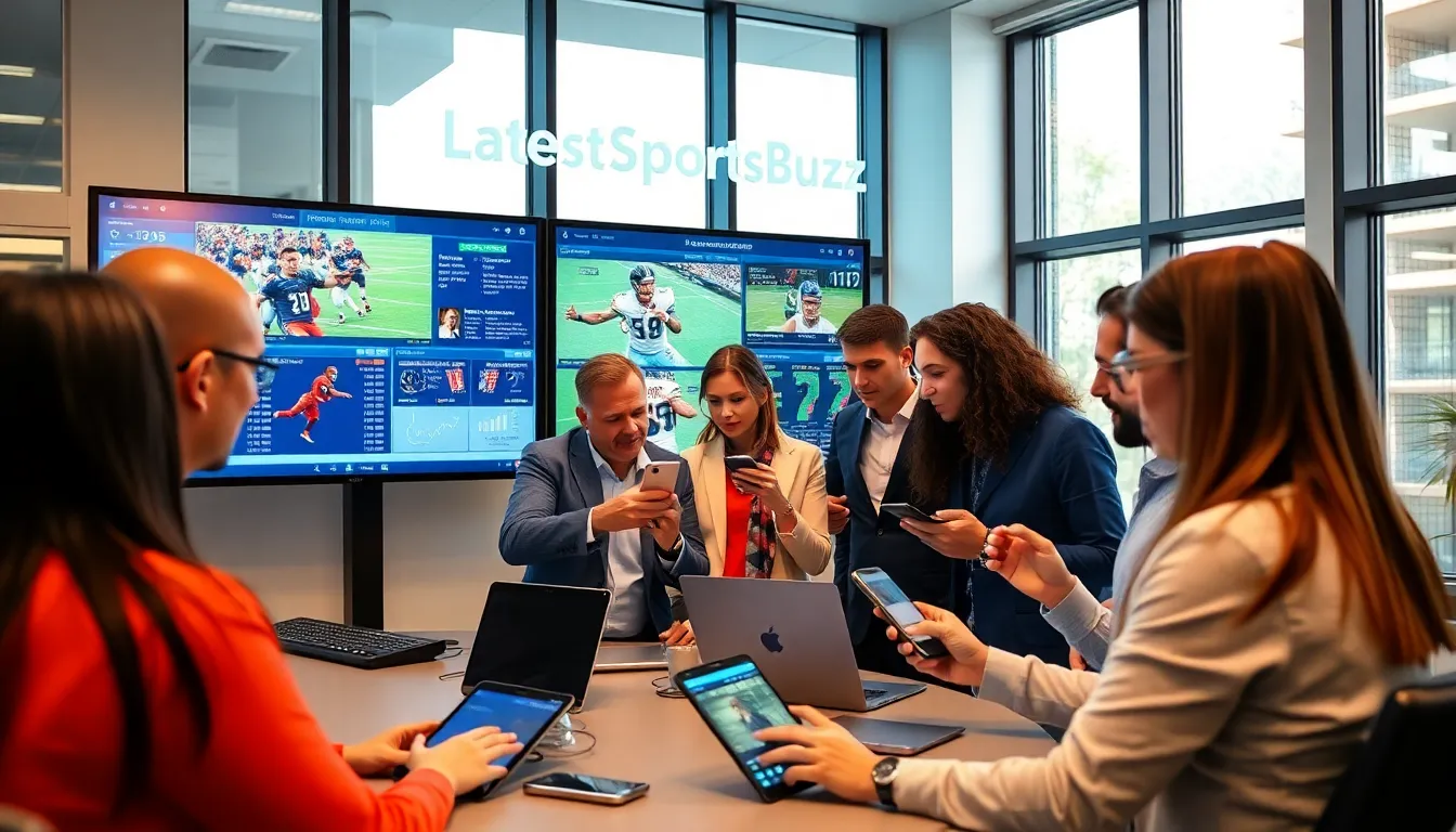 professionals collaborating in a modern office on football analysis.