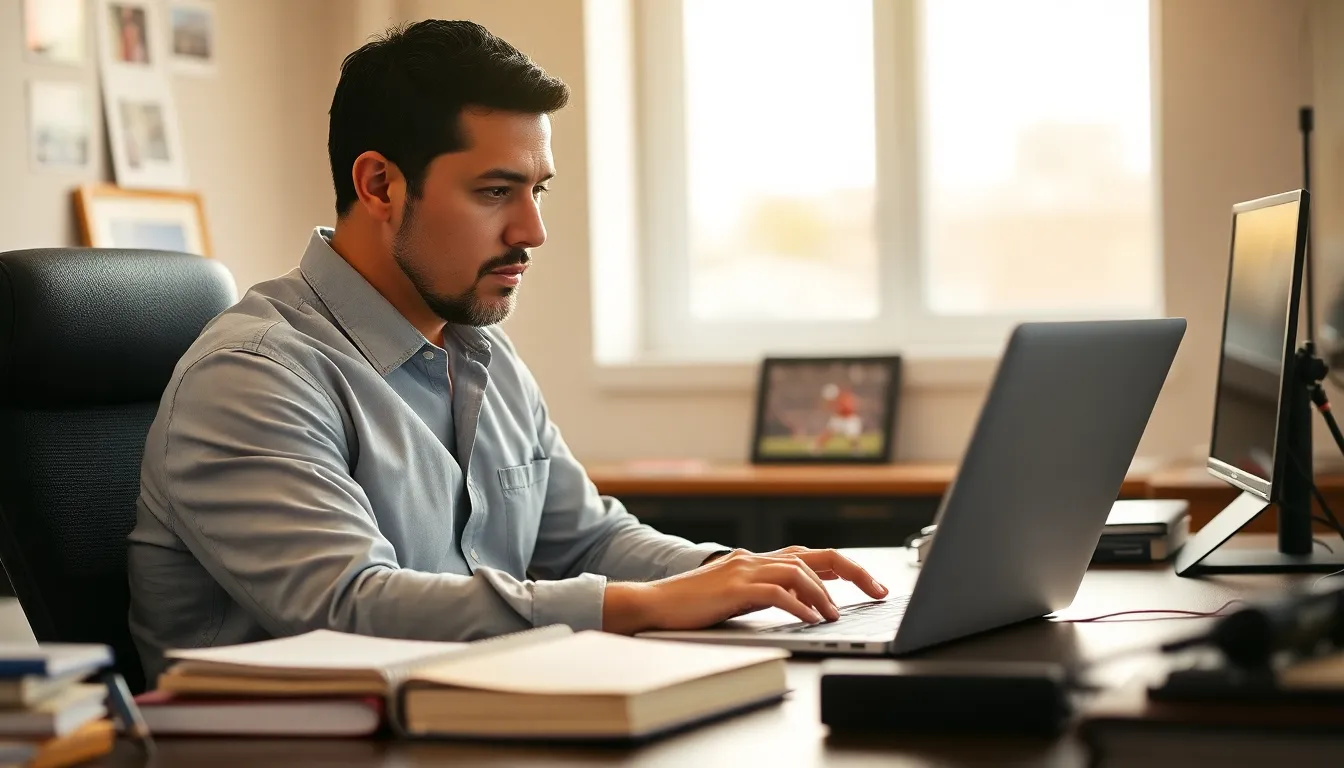 Jimmy Dominguez focused at his desk, writing about sports journalism.