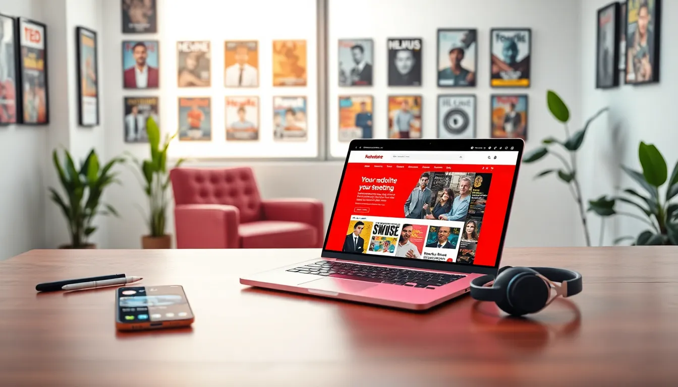 a modern workspace featuring Redwebzine's digital content and devices.