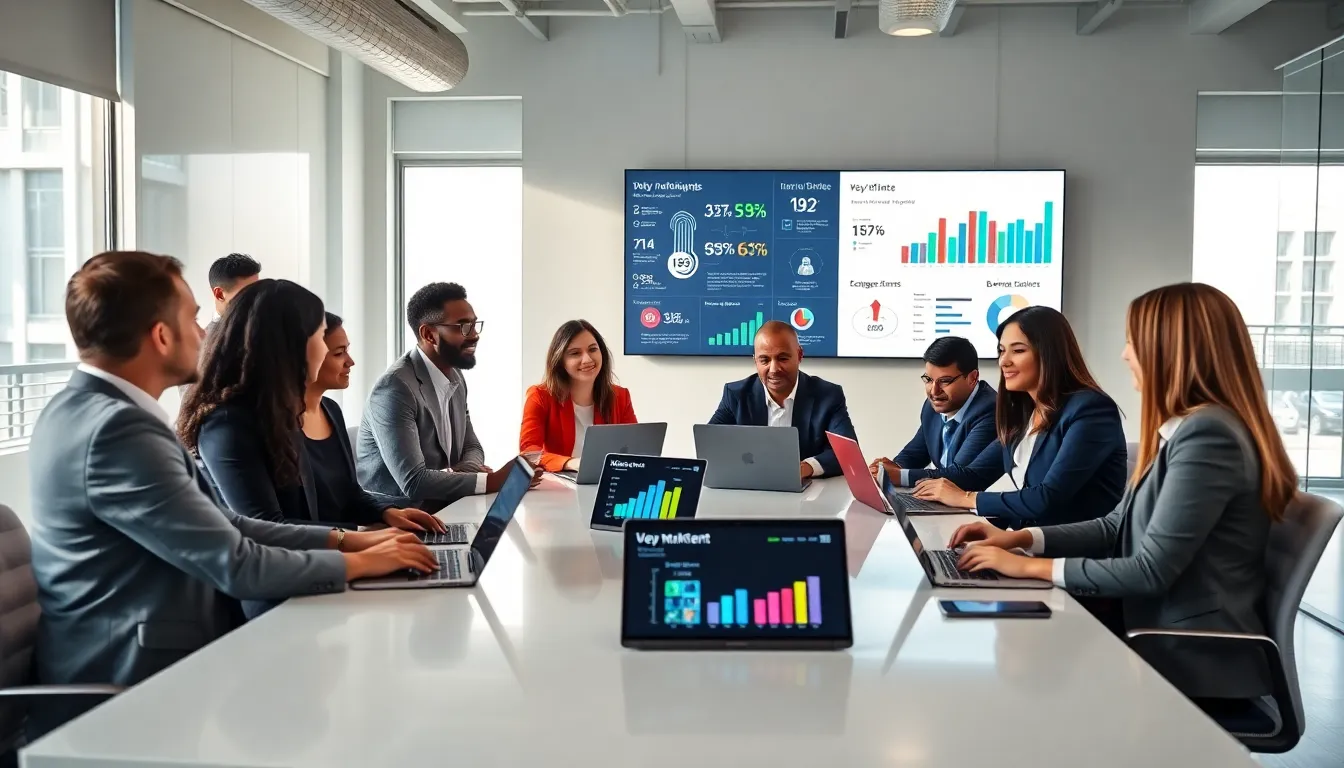 diverse team discussing digital marketing in a modern office