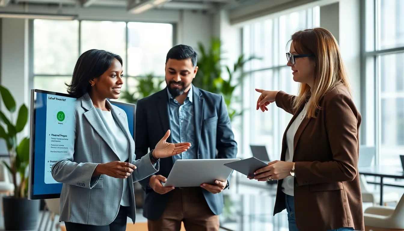 a diverse team collaborating over a tech platform in a modern office.