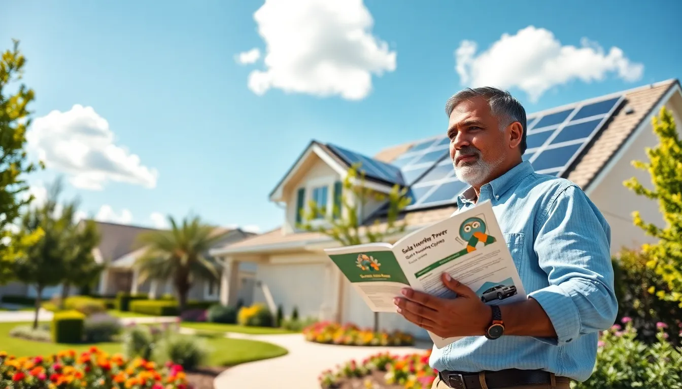 a man reviewing solar financing options in front of his home with solar panels.