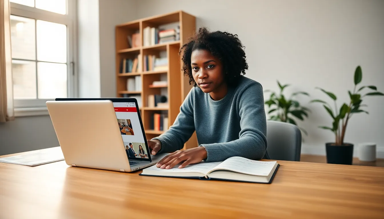 a woman engaging with a laptop in a vibrant digital workspace.