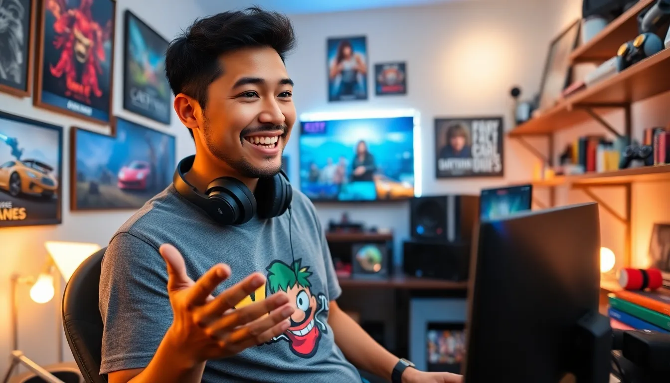 Larry Nando passionately discussing gaming in his vibrant, personal gaming studio.